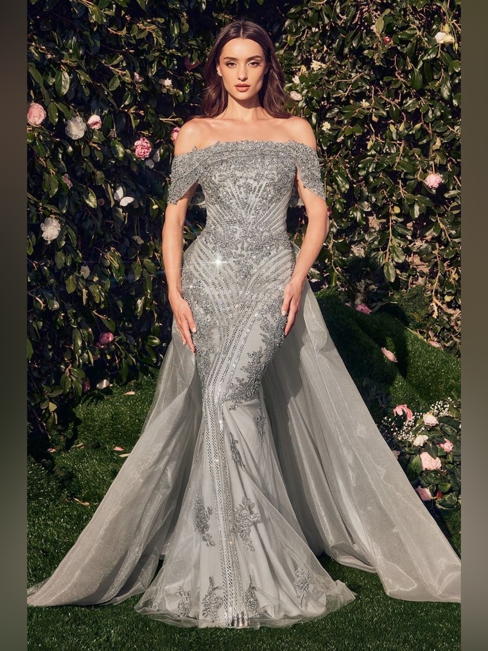 Off-Shoulder Silver Embellished Evening Dress